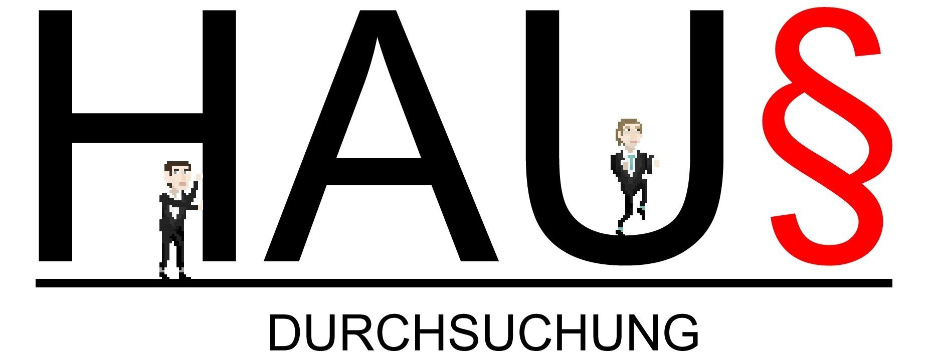 Logo of the Hausdurchsuchung game, showing the lettering as well as two characters from the game