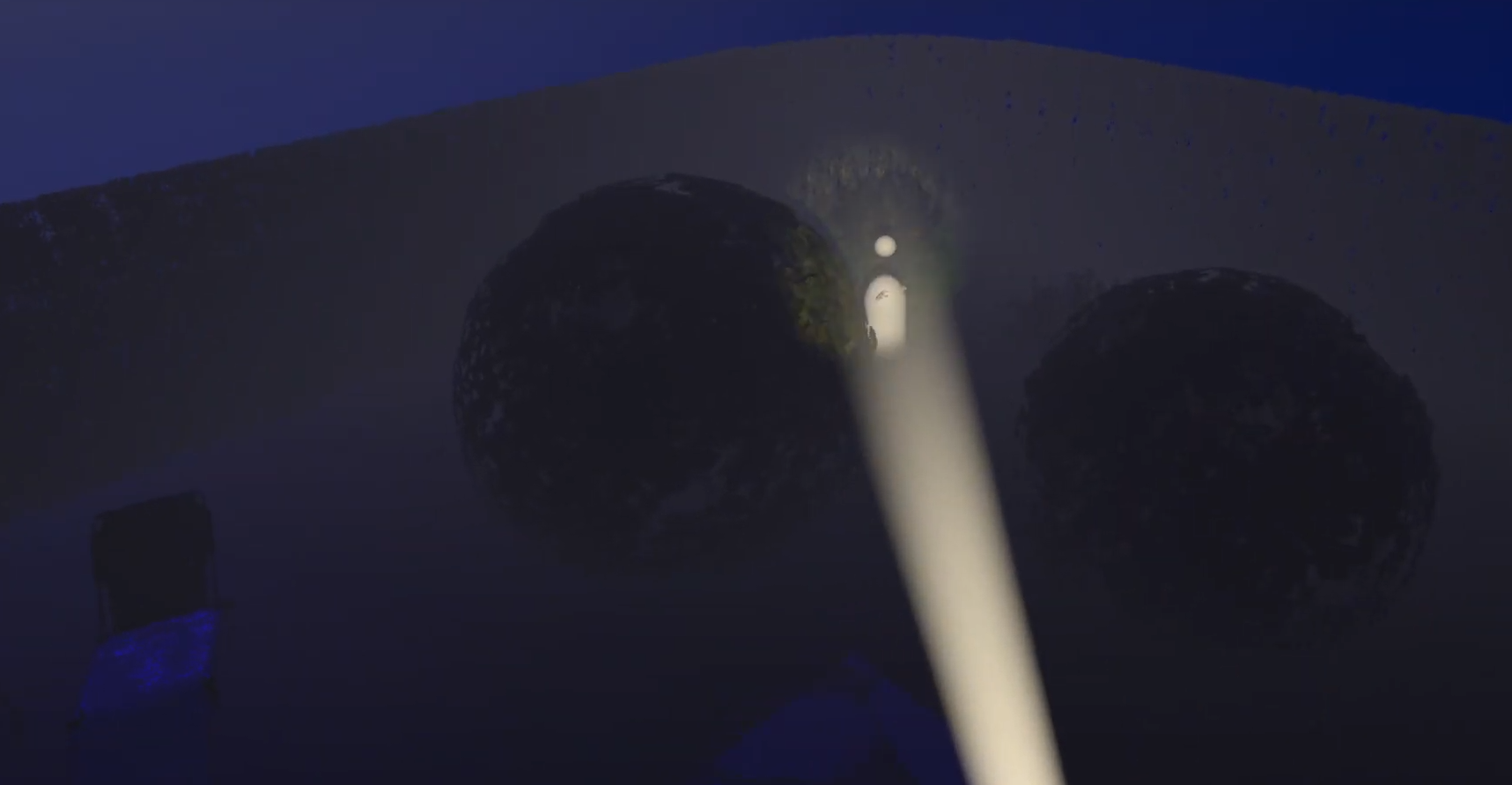 screenshot from the WobotkaVR project showing the view of a player searching the dark with a searchlight
